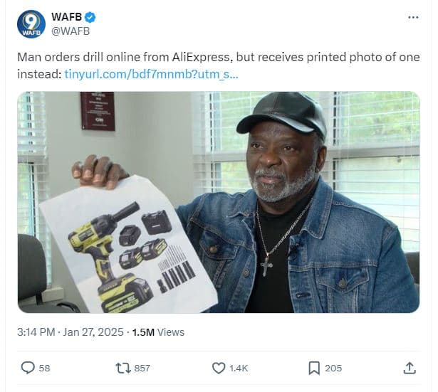 Wafb afe wafb man orders drill online from aliexpress, but receives printed phot