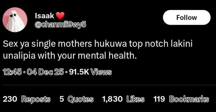 Isaak chanmffgwys follow sex ya single mothers hukuwa top notch lakini unalipia