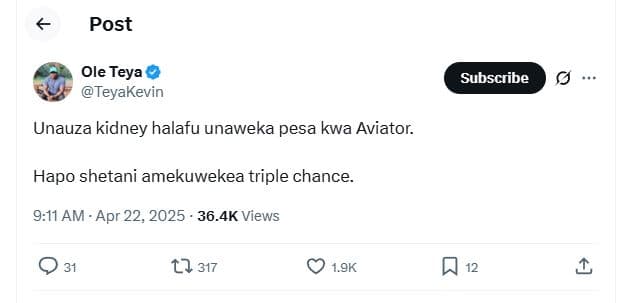 Post ole teya teyakevin subscribe unauza kidney halafu unaweka pesa kwa aviator.