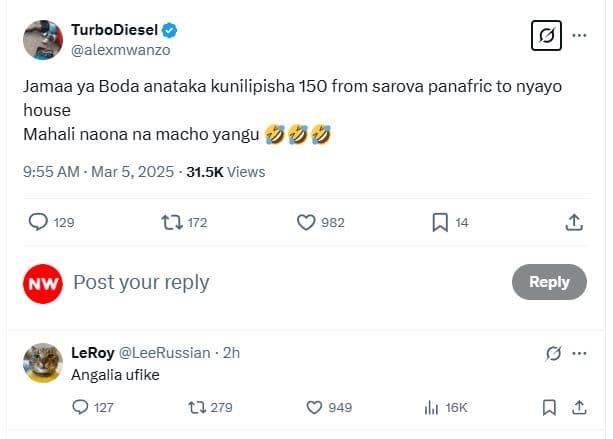 Turbodiesel alexmwanzo jamaa ya boda anataka kunilipisha 150 from sarova panafri