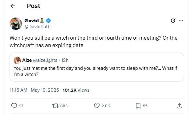 Post david davidpattt won't you still be a witch on the third or fourth time of