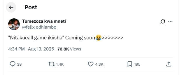 Post tumezoza kwa mneti felix_odhiambo_ nitakucall game ikiisha coming soon 4.34