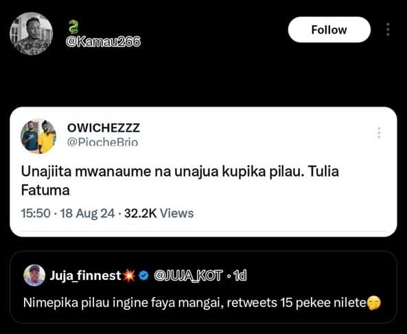 Follow kamau266 owichezzz piochebrio unajiita mwanaume na unajua kupika pilau. t