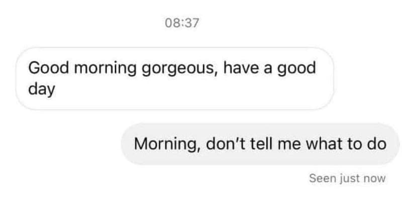 08.37 good morning gorgeous, have a good day morning, don't tell me what to do s