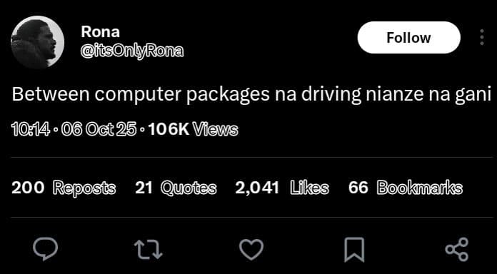 Rona fcsnlyrona follow between computer packages na driving nianze na gani . ct2