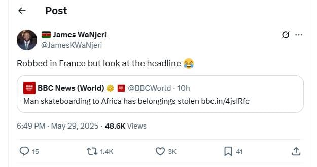 Post james wanjeri jameskwanjeri robbed in france but look at the headline bbc n