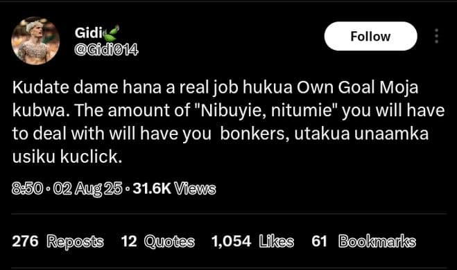 Gidia gidi014 follow kudate dame hana a real job hukua own goal moja kubwa. the