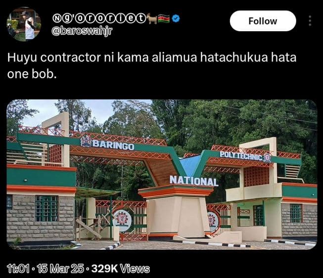 Ooo baroswahjr follow huyu contractor ni kama aliamua hatachukua hata one bob. b