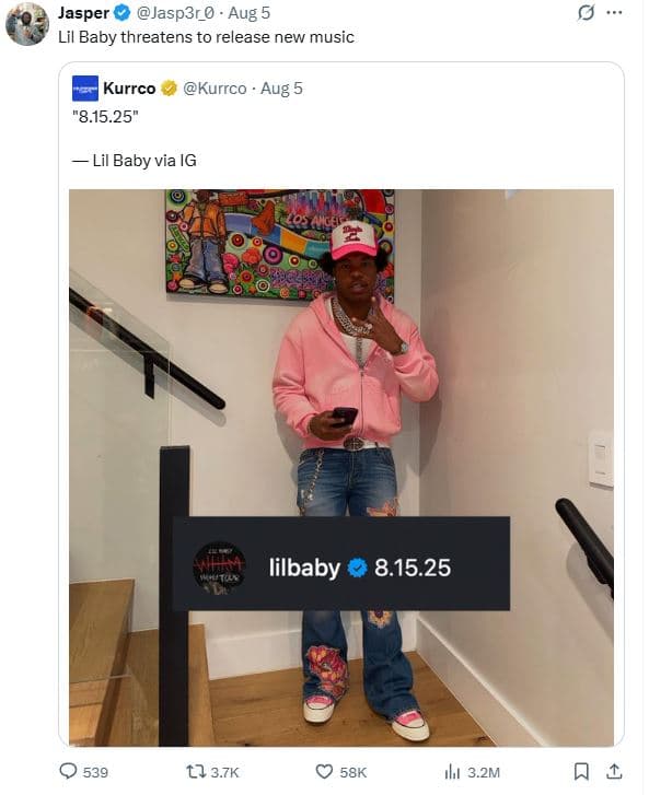 Jasper jasp3r_0 aug lil baby threatens to release new music kurrco kurrco aug 8.