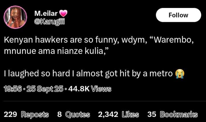 M.eilar kanugfl follow kenyan hawkers are so funny wdym, warembo, mnunue ama nia