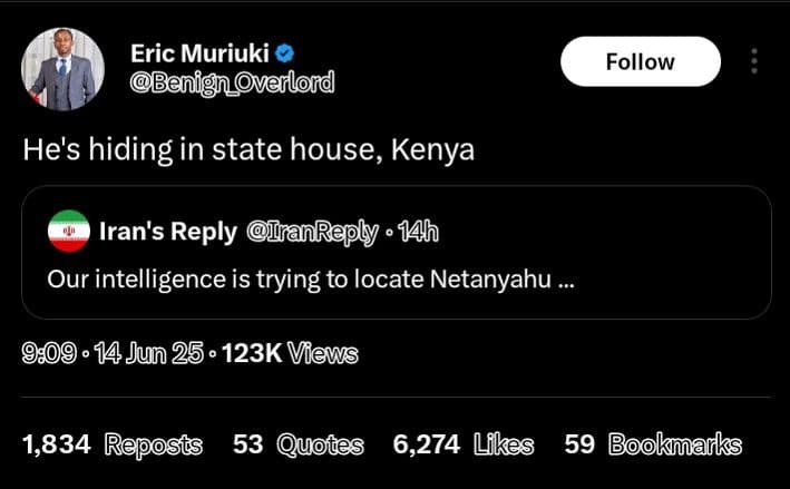 Eric muriuki hie verlond follow he's hiding in state house, kenya iran's reply r