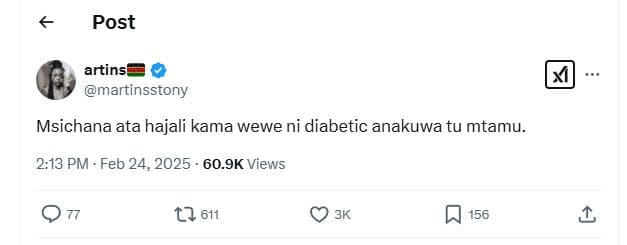 Post artinst martinsstony msichana ata hajali kama wewe ni diabetic anakuwa tu m