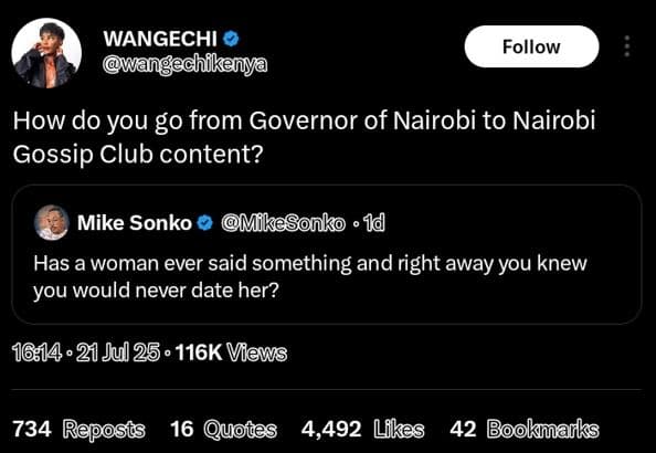 Wangechi wan chikenya follow how do you g0 from governor of nairobi to nairobi g