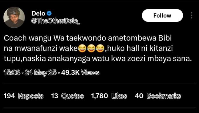 Delo theothedeloz follow coach wangu wa taekwondo ametombewa bibi na mwanafunzi
