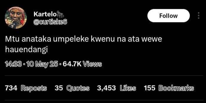Kartelo cuhtskec follow mtu anataka umpeleke kwenu na ata wewe hauendangi . 10 m
