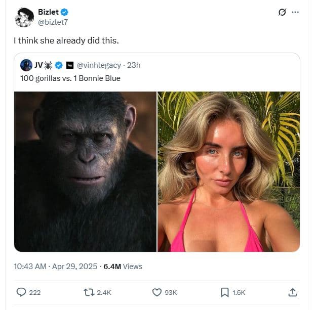 Bizlet bizlet7 think she already did this jv vinhlegacy 23h 100 gorillas vs. bon