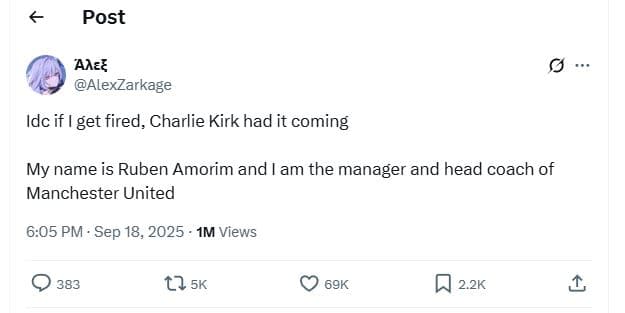 Post 'ale alexzarkage idc if i get fired, charlie kirk had it coming my name is