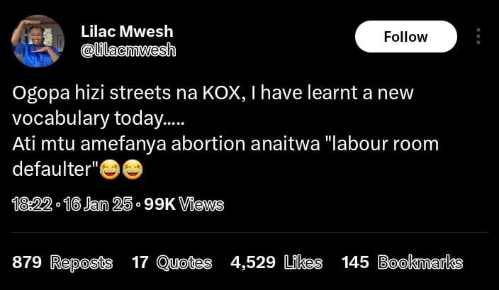 Lilac mwesh llacmwesh follow ogopa hizi streets na kox, have learnt a new vocabu