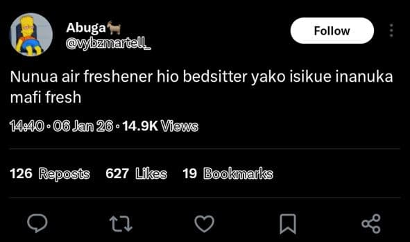 Abuga mbzmañtell follow nunua air freshener hio bedsitter yako isikue inanuka ma