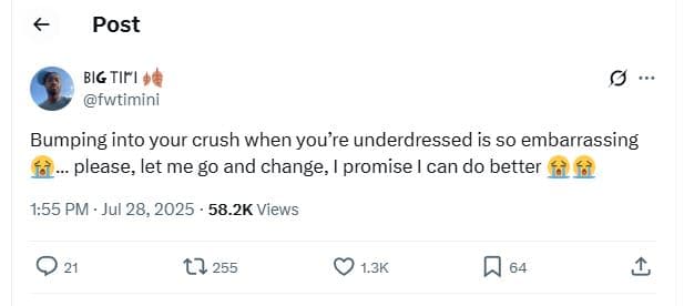 Post blg tir fwtimini bumping into your crush when you're underdressed is so emb