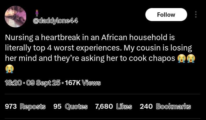 Follow daddylone44 nursing a heartbreak in an african household is literally top