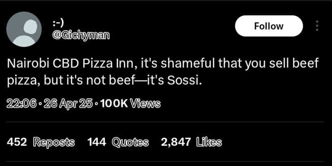 Follow achyman nairobi cbd pizza inn, it's shameful that you sell beef pizza, bu