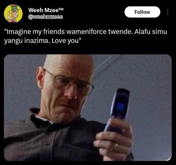 Weeh mzeetm wechnzeeo follow imagine my friends wameniforce twende. alafu simu y