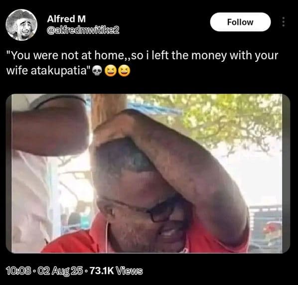 Alfred m alfedmwiuke2 follow you were not at home,,so i left the money with your