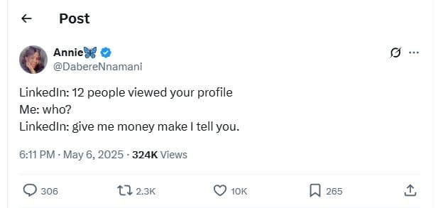 Post annie8 daberennamani linkedln 12 people viewed your profile me who? linkedi