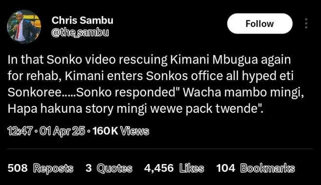 Chris sambu thesambu follow in that sonko video rescuing kimani mbugua again for