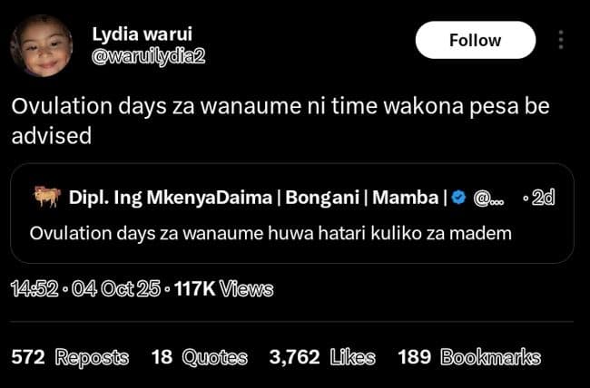 Lydia warui waruilydia2 follow ovulation days za wanaume ni time wakona pesa be
