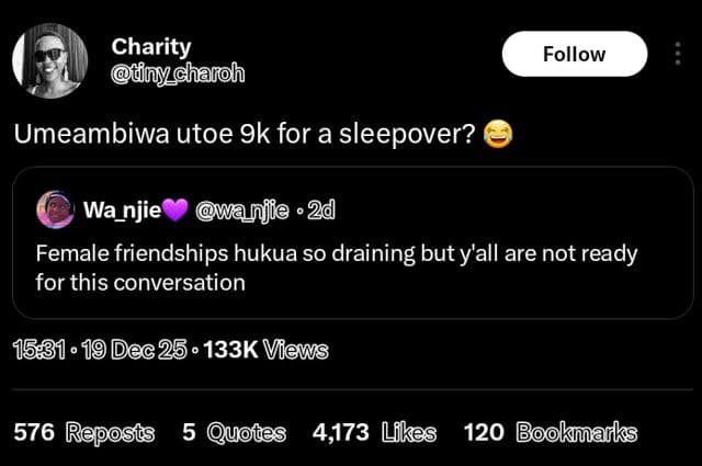 Charity d8nys charoh follow umeambiwa utoe 9k for a sleepover? wa_njie owanjie 2