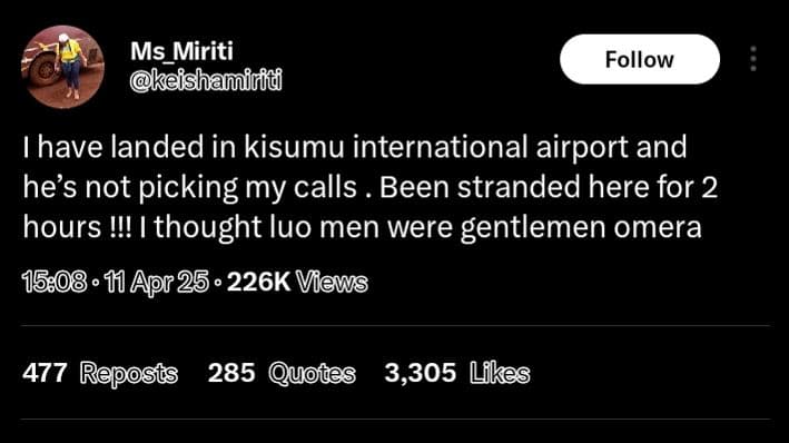 Ms miriti keishaminid follow have landed in kisumu international airport and he'