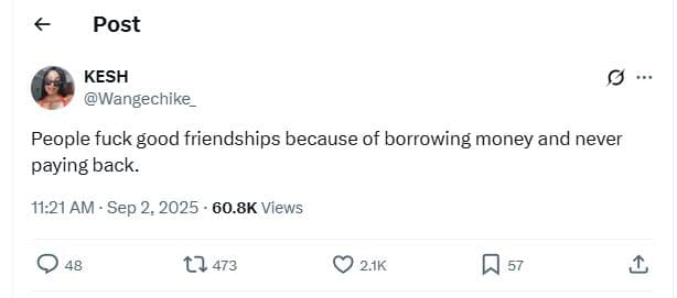 Post kesh wangechike people fuck good friendships because of borrowing money and