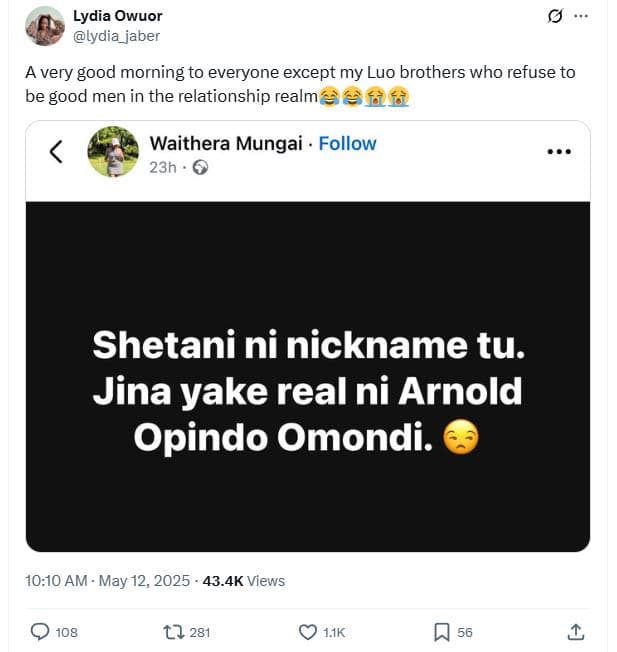 Lydia owuor lydia_jaber a very good morning to everyone except my luo brothers w