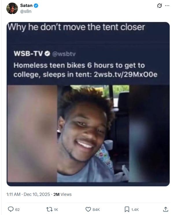 Satan s8n why he don't move the tent closer wsbtve wsbtv homeless teen bikes 6 h