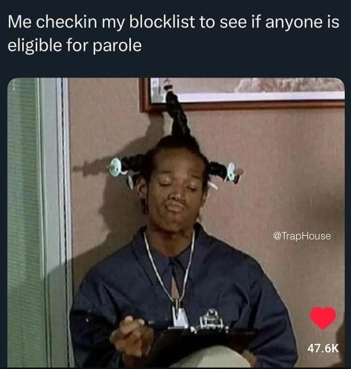 Me checkin my blocklist to see if anyone is eligible for parole traphouse 47.6k