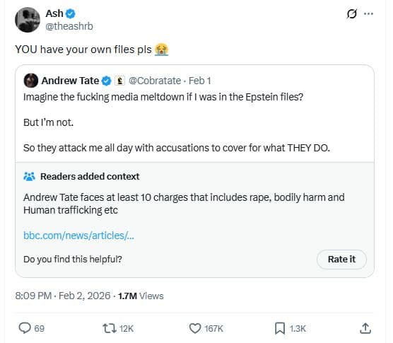 Ash theashrb you have your own files pls andrew tate cobratate feb imagine the f