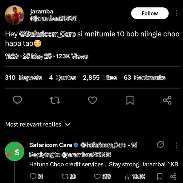 Jaramba afambaa28303 follow hey salaricom_cane si mnitumie 10 bob niingie choo h