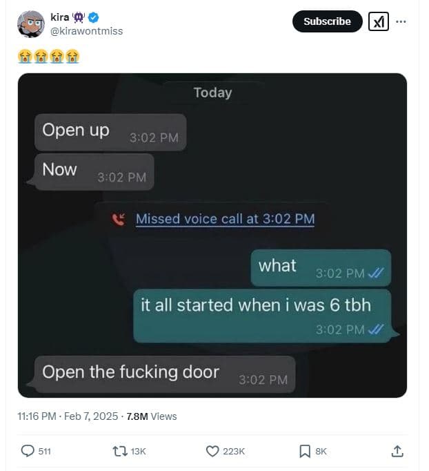 Kira '0' kirawontmiss subscribe hèfèff today open up 3.02 pm now 302 pm missed v