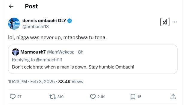 Post dennis ombachi oly ombachi13 lol, nigga was never up, mtaoshwa tu tena. mar