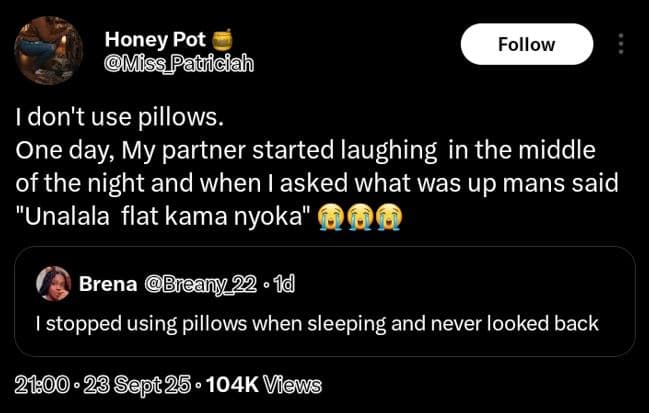 Honey pot miss_paticiah follow don't use pillows. one day, my partner started la