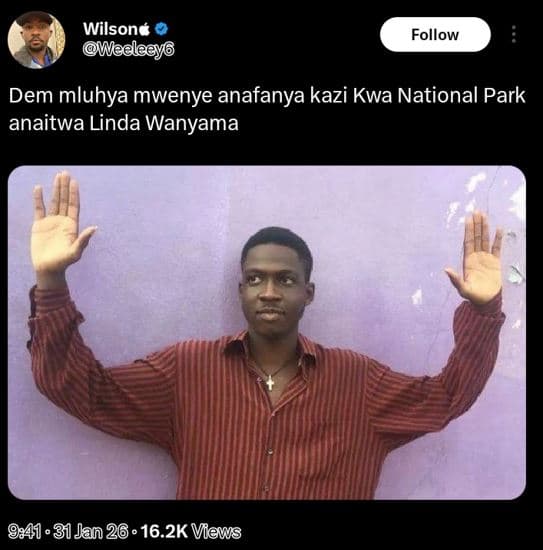 Wilsoné 'wedleeyg follow dem mluhya mwenye anafanya kazi kwa national park anait