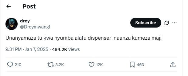 Post drey dreymwangi subscribe unanyamaza tu kwa nyumba alafu dispenser inaanza