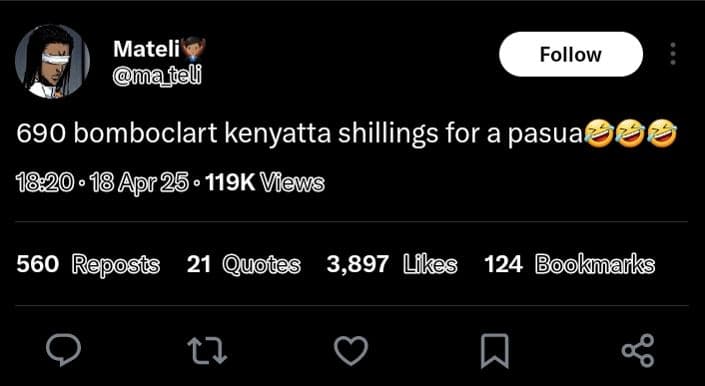 Mateli matel follow 690 bomboclart kenyatta shillings for a pasua 18 apr25 . 119