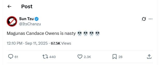 Post sun tzu itschanzu magunas candace owens is nasty 12.10 pm . sep 11, 67.5k v