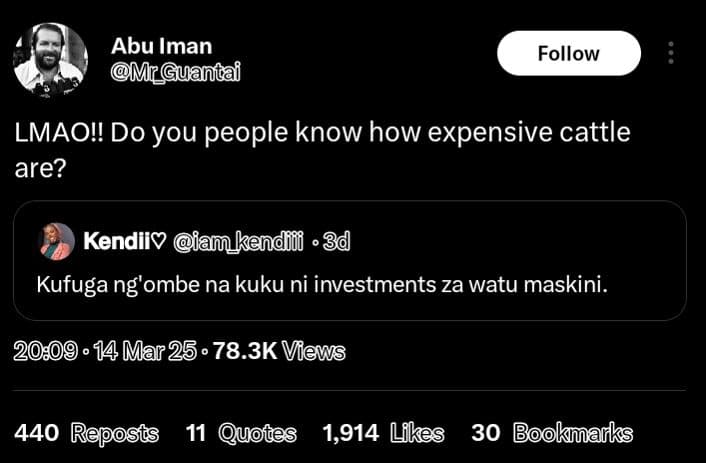 Abu iman mrguantai follow lmaoi! do you people know how expensive cattle are? ke