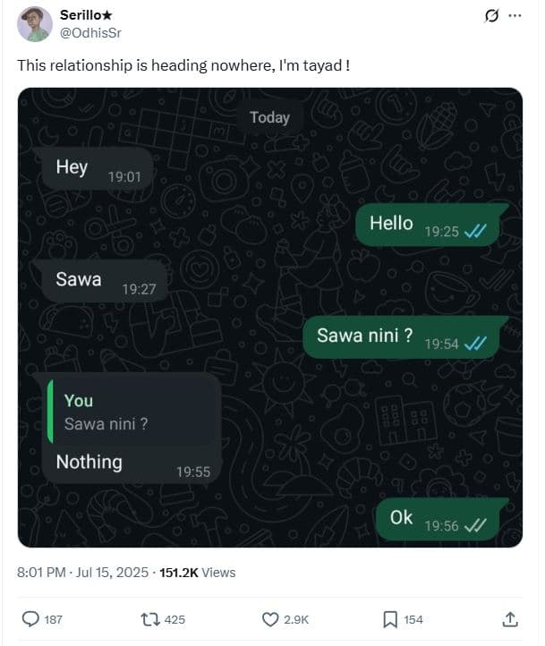 Serillox odhissr this relationship is heading nowhere i'm tayad today hey 19.01