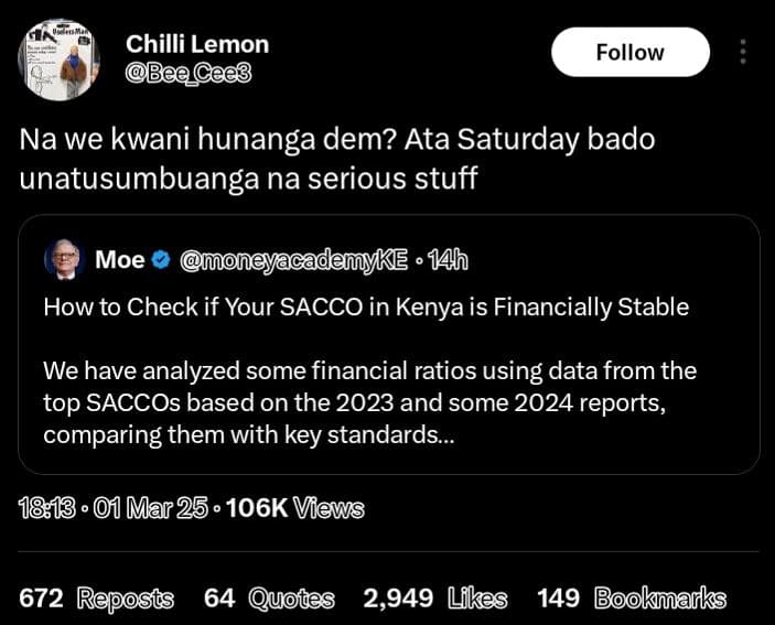 Chilli lemon begee3 follow na we kwani hunanga dem? ata saturday bado unatusumbu