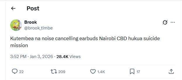 Post brook brook_timbe kutembea na noise cancelling earbuds nairobi cbd hukua su